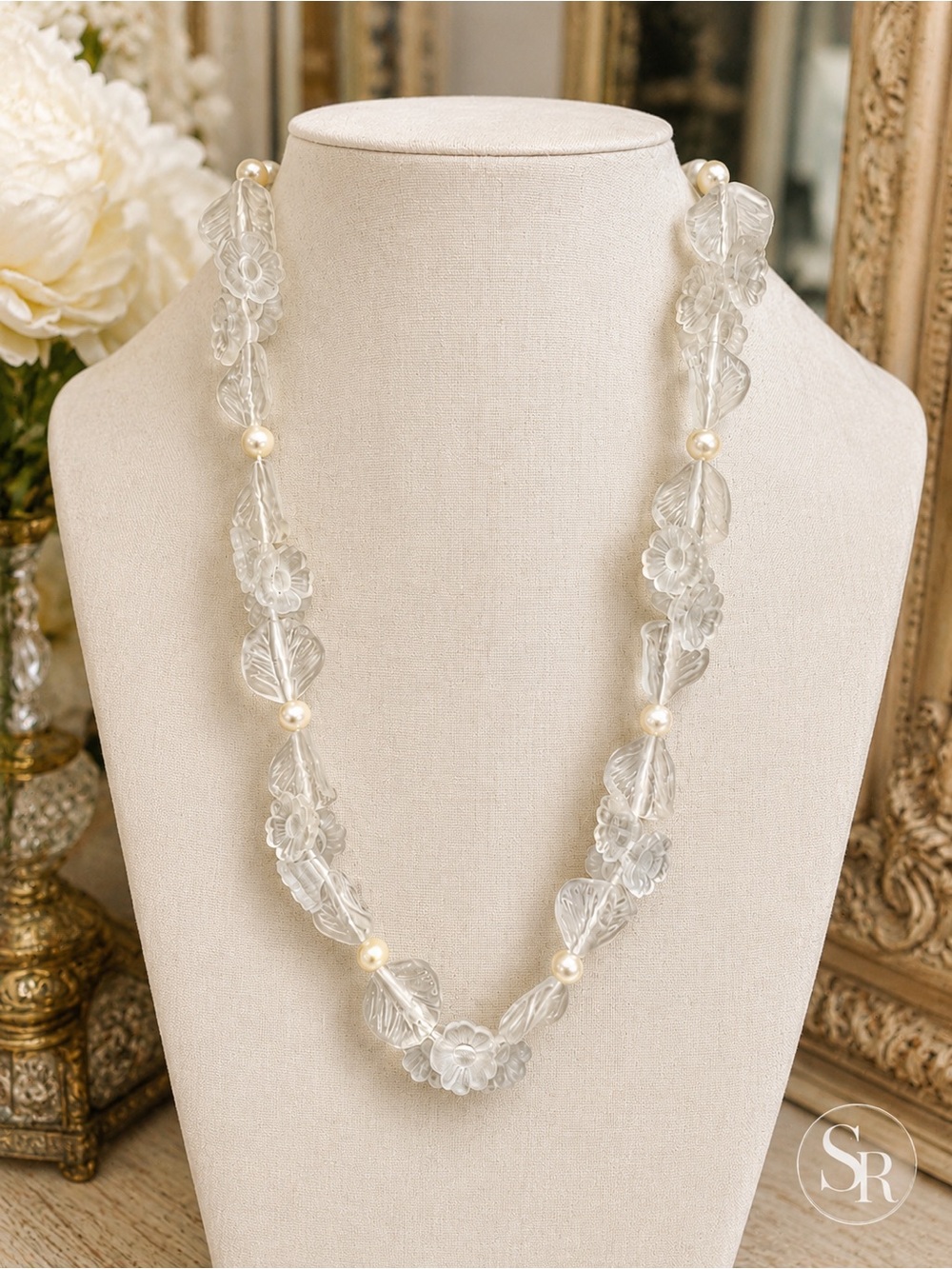 Vintage Clear Floral Lucite Necklace with Pearl Accents